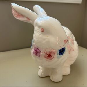 White Ceramic Bunny Rabbit with Floral Details Collectible Figurine Easter